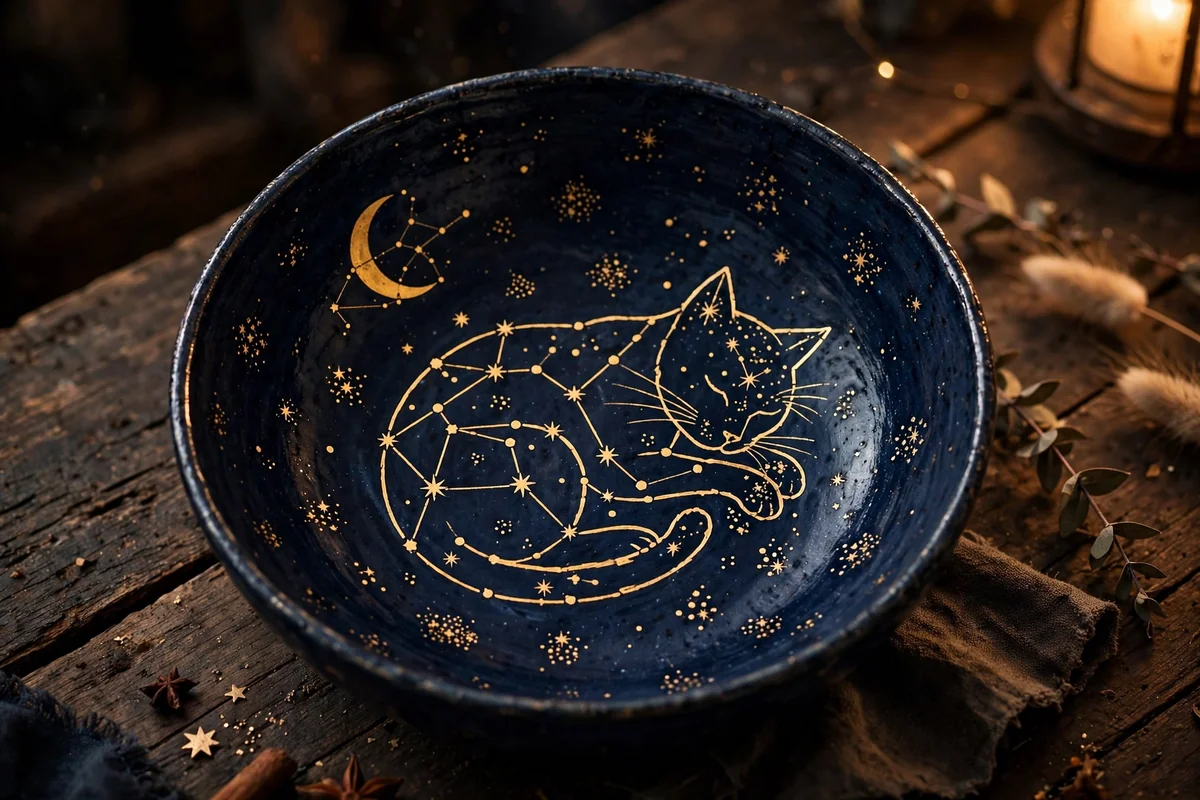 Deep navy bowl with a golden constellation cat and stars