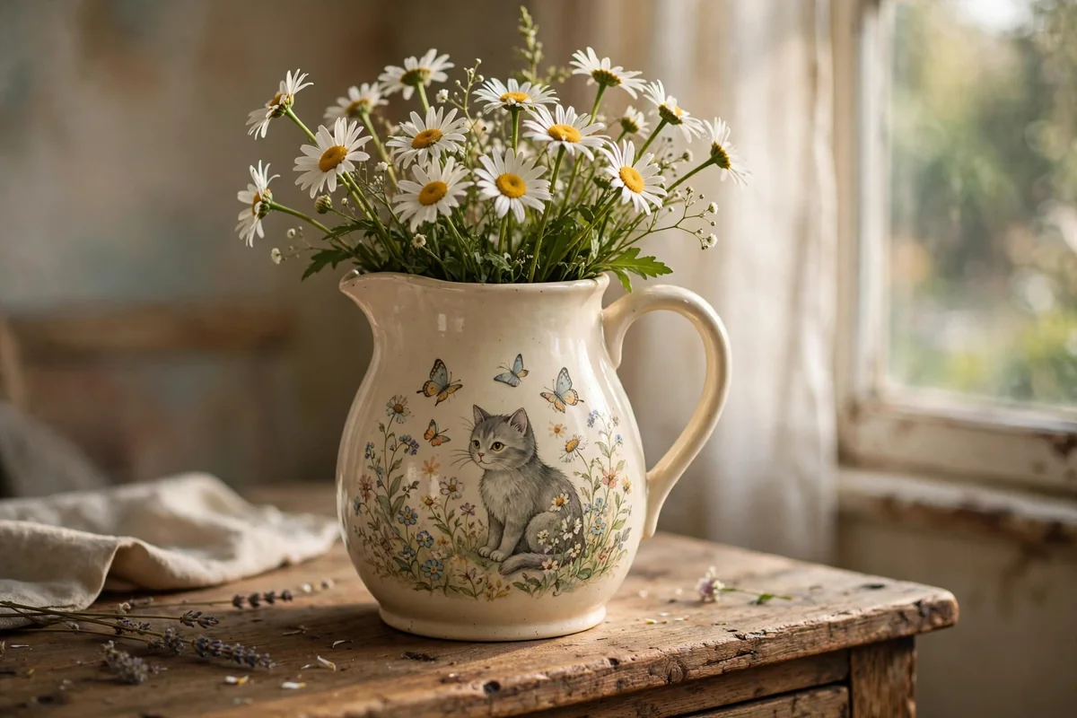 Cream pitcher painted with a storybook cat among wildflowers