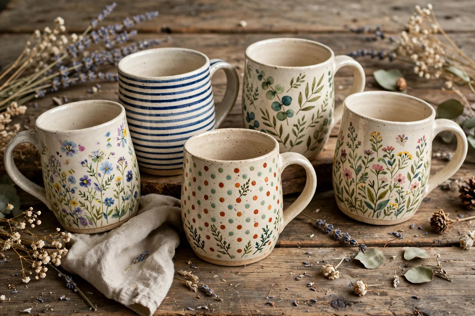 Hand-painted ceramic cups with cozy designs