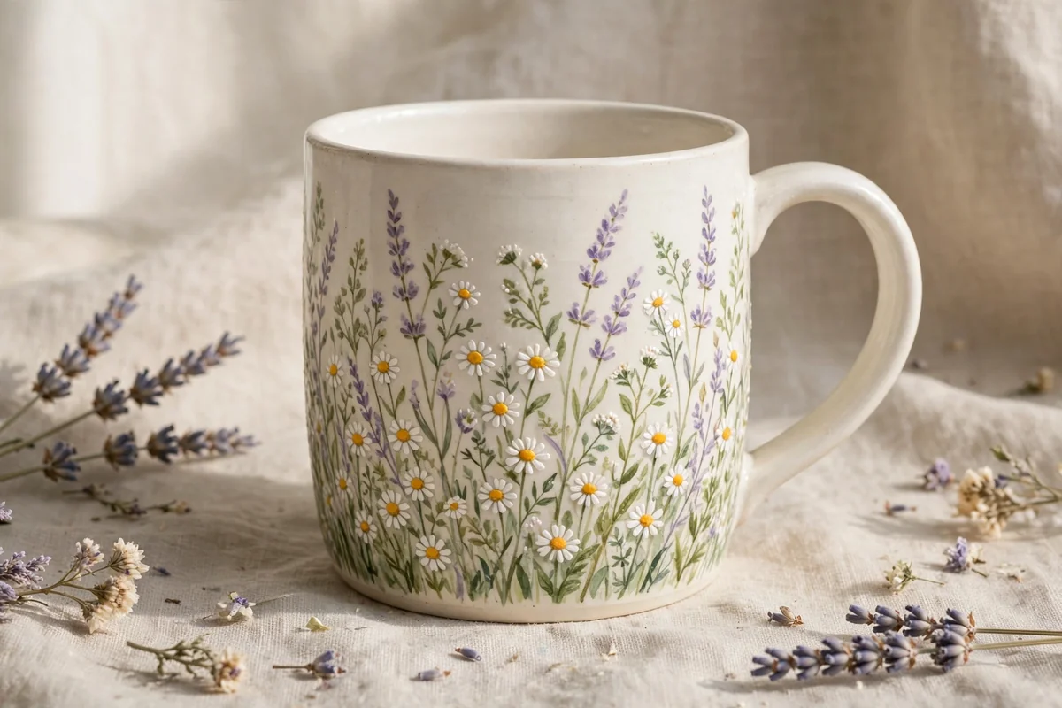 Ceramic cup painted with wildflower meadow
