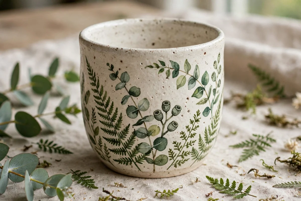 Ceramic cup painted with botanical leaves