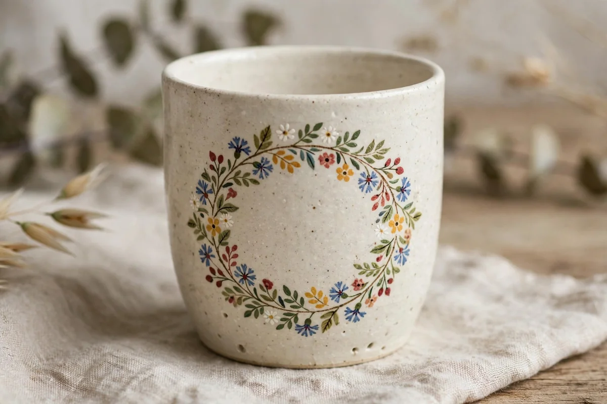 Ceramic cup with painted floral wreath