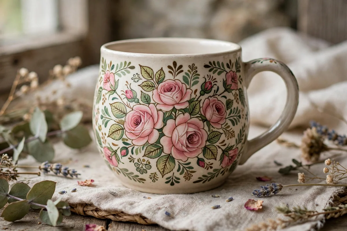 Ceramic cup painted with vintage roses