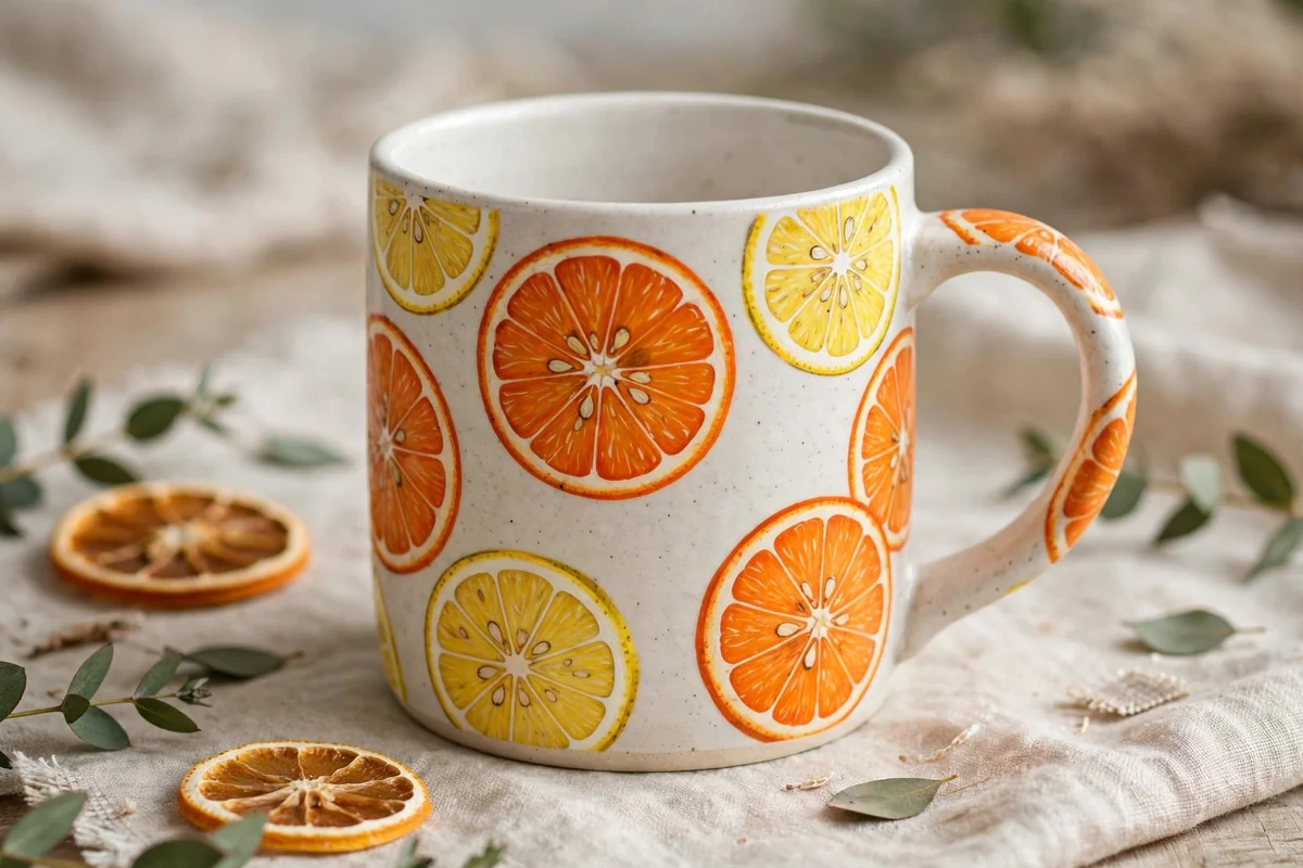 Ceramic cup painted with fruit motifs