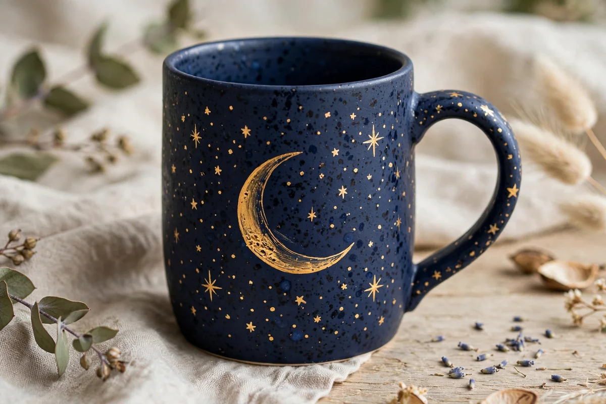 Ceramic cup painted with stars and moons