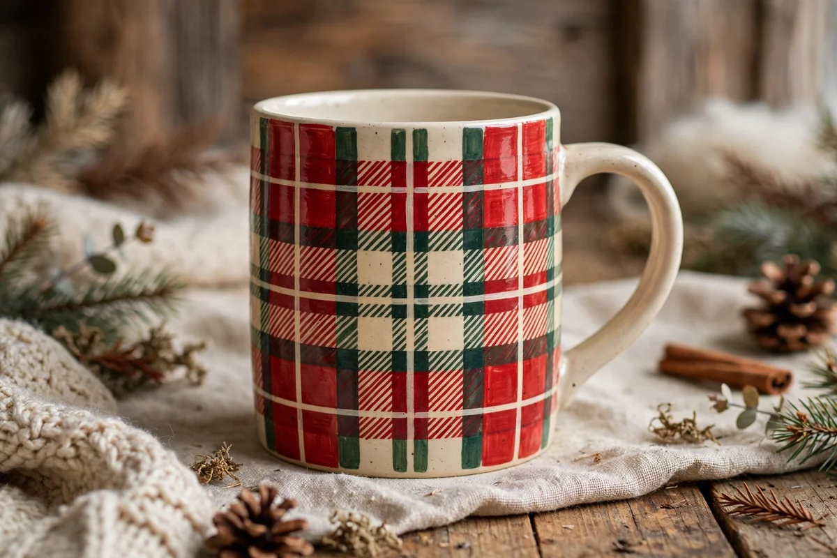 Ceramic cup with painted plaid pattern