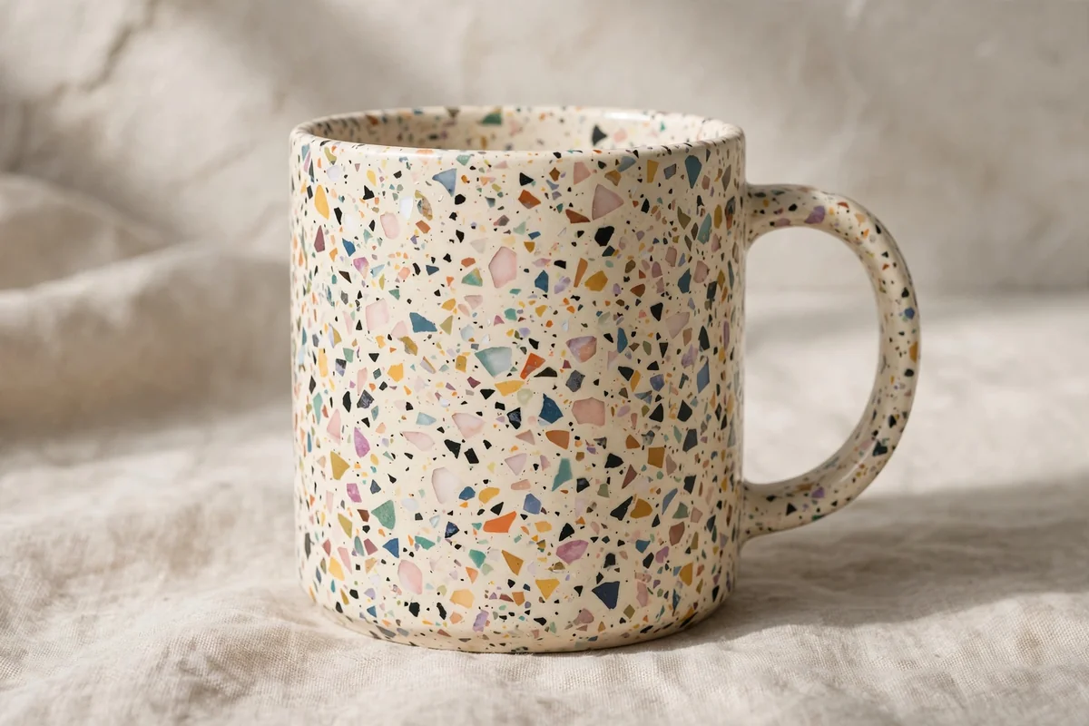 Ceramic cup with terrazzo speckle pattern