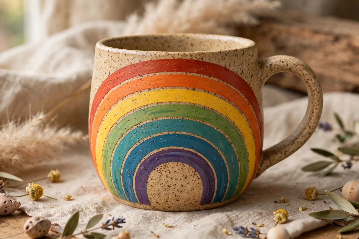 Ceramic cup painted with rainbow arches
