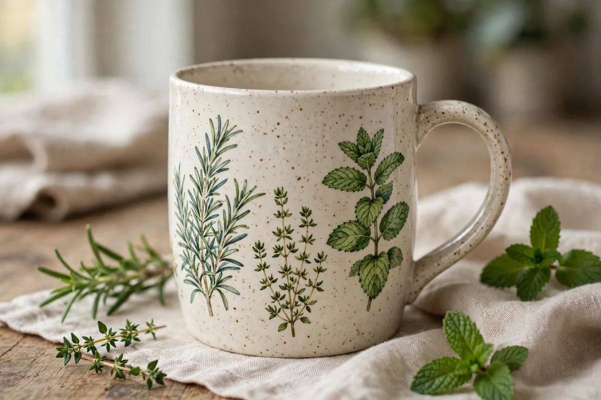 Ceramic cup painted with herb illustrations