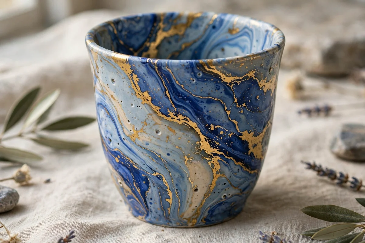 Ceramic cup with marbled paint effect