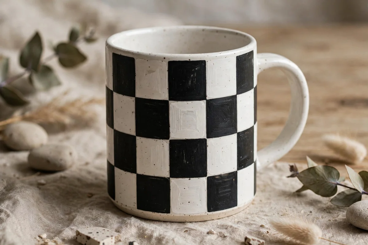 Ceramic cup with checkerboard pattern