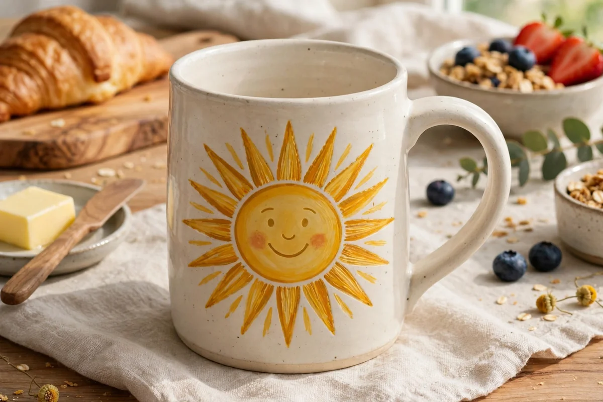 Ceramic cup painted with sunshine motif