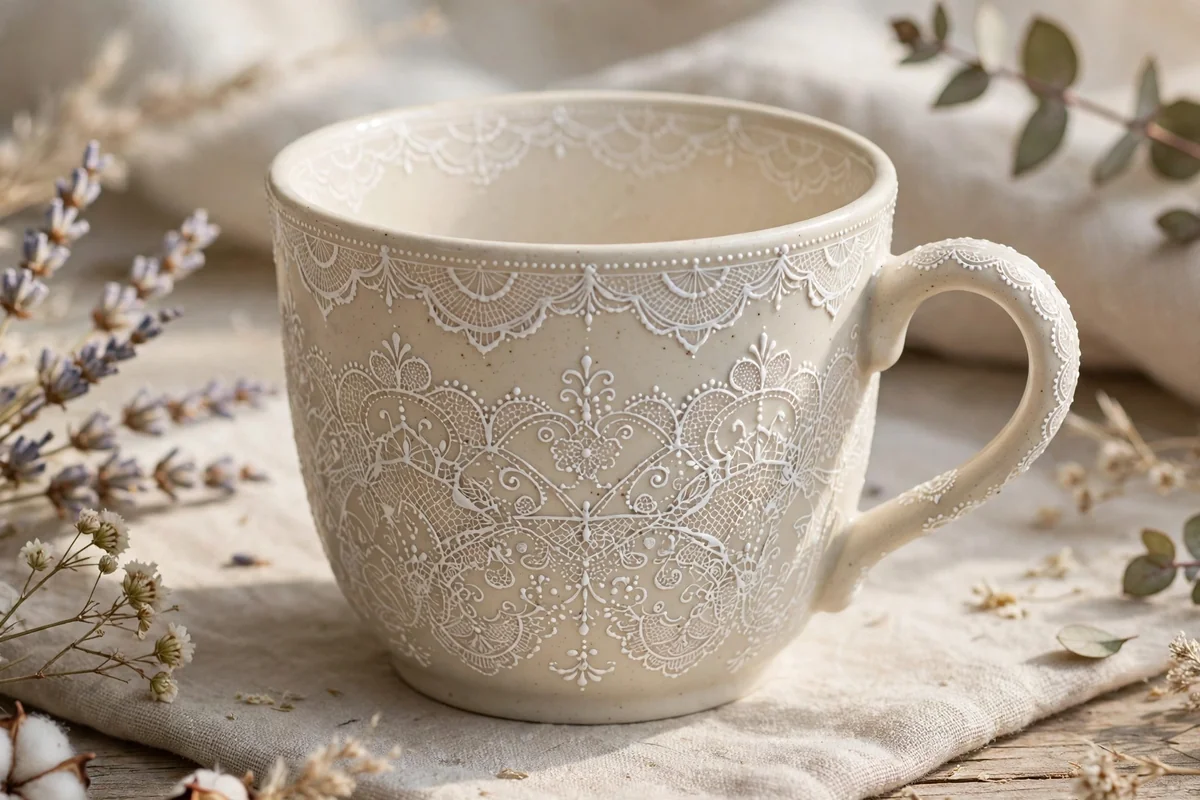 Ceramic cup with delicate lace pattern