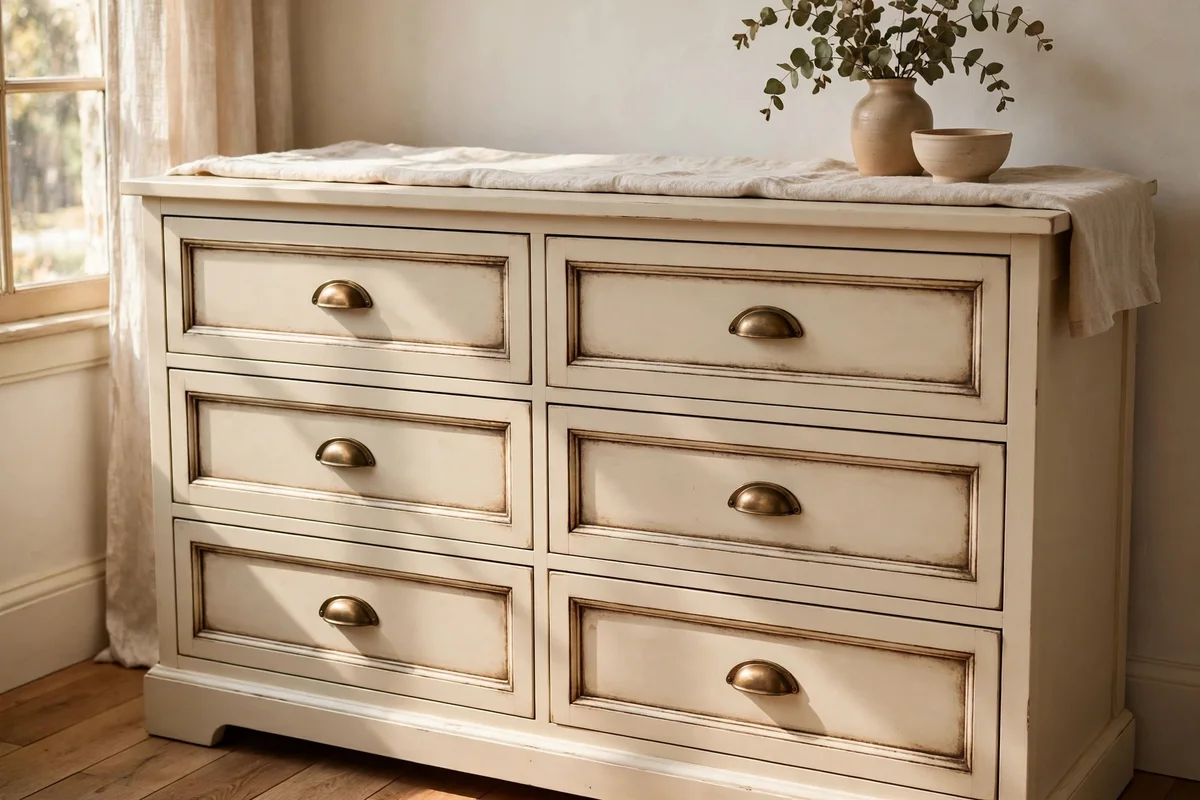 Cream chalk painted dresser with dark waxed recesses and brass pulls