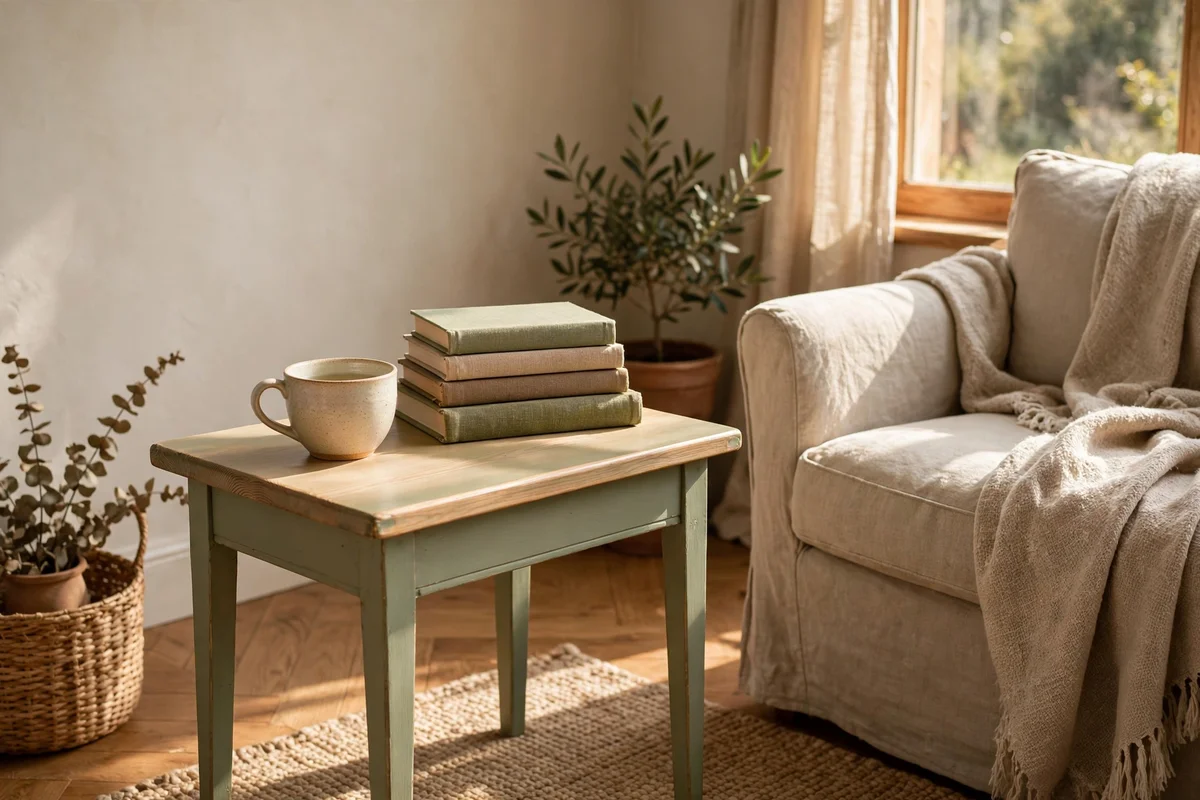 Sage green chalk painted pine side table with teacup and books