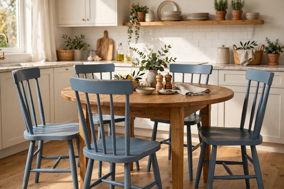 Dusty blue chalk painted kitchen chairs around an oak table