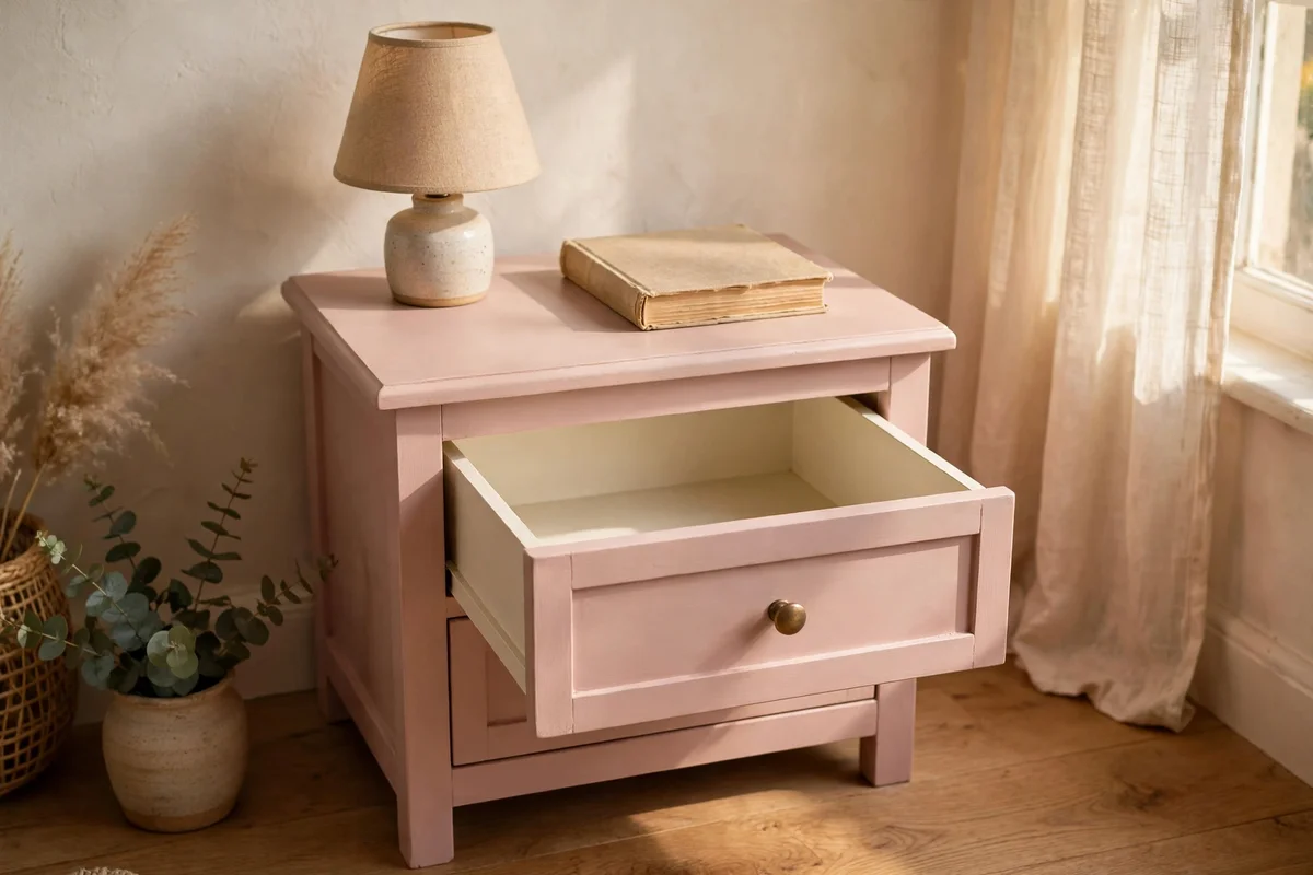 Blush pink chalk painted bedside cabinet with cream drawer interior