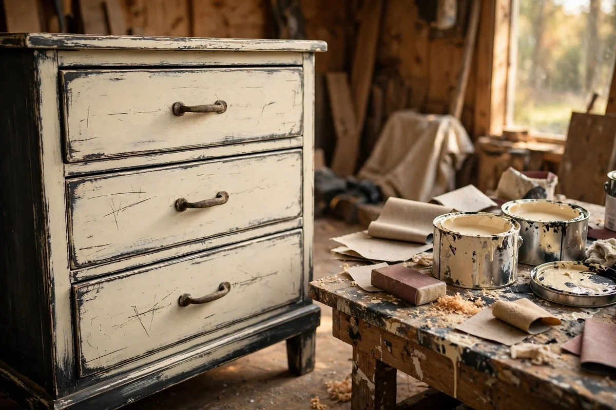Two tone distressed dresser showing charcoal under cream paint