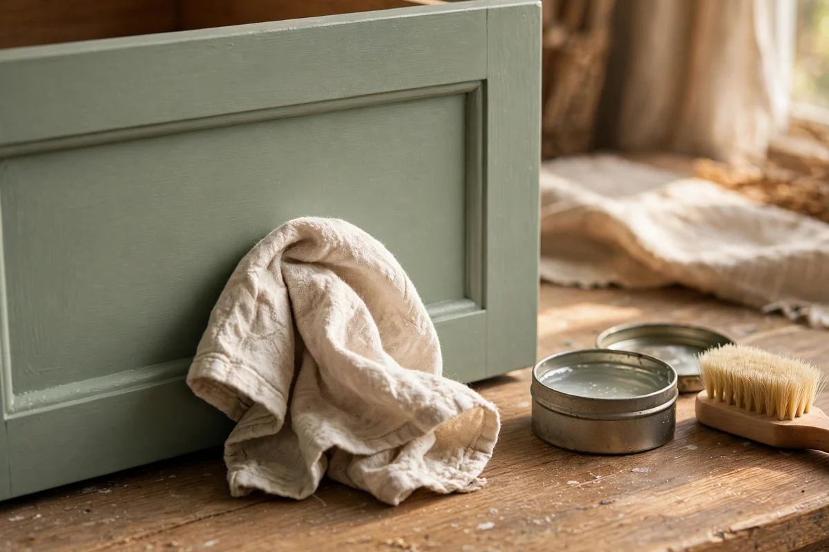 Buffing clear wax over sage chalk paint with a soft cloth