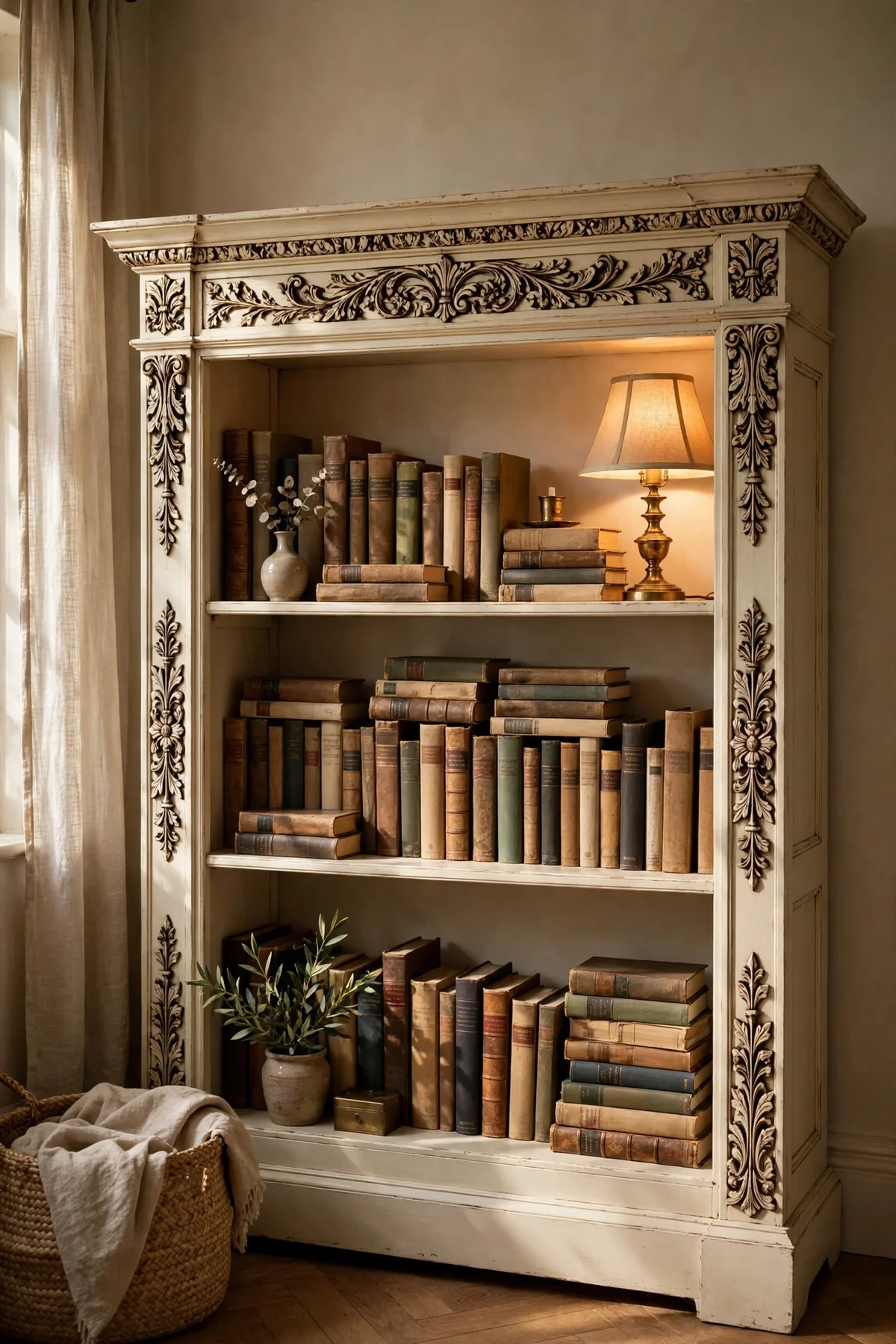 Cream bookcase with dark wax in carved details holding books