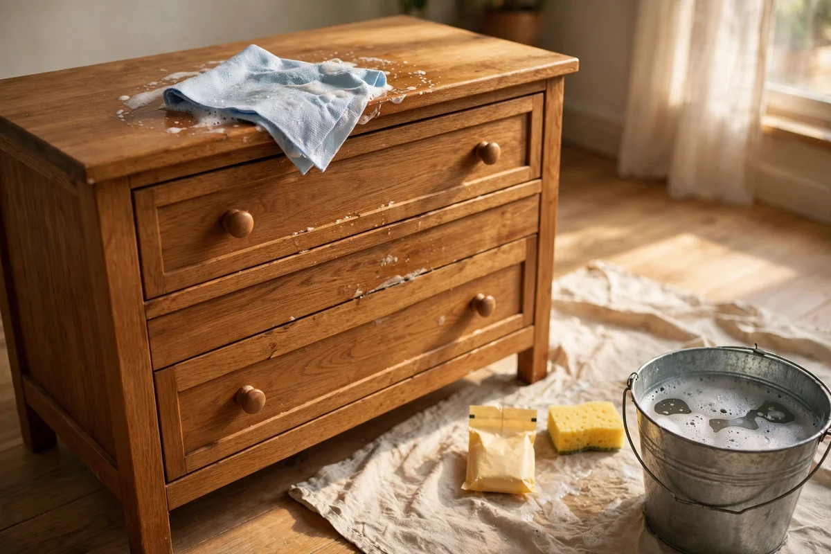 Washing and degreasing a wooden dresser before painting