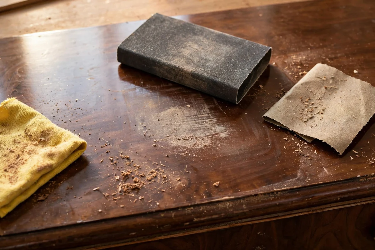 Lightly sanding glossy veneer on a dresser top
