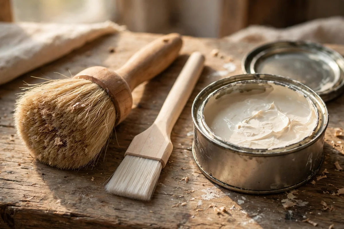 Natural bristle and synthetic paint brushes beside chalk paint
