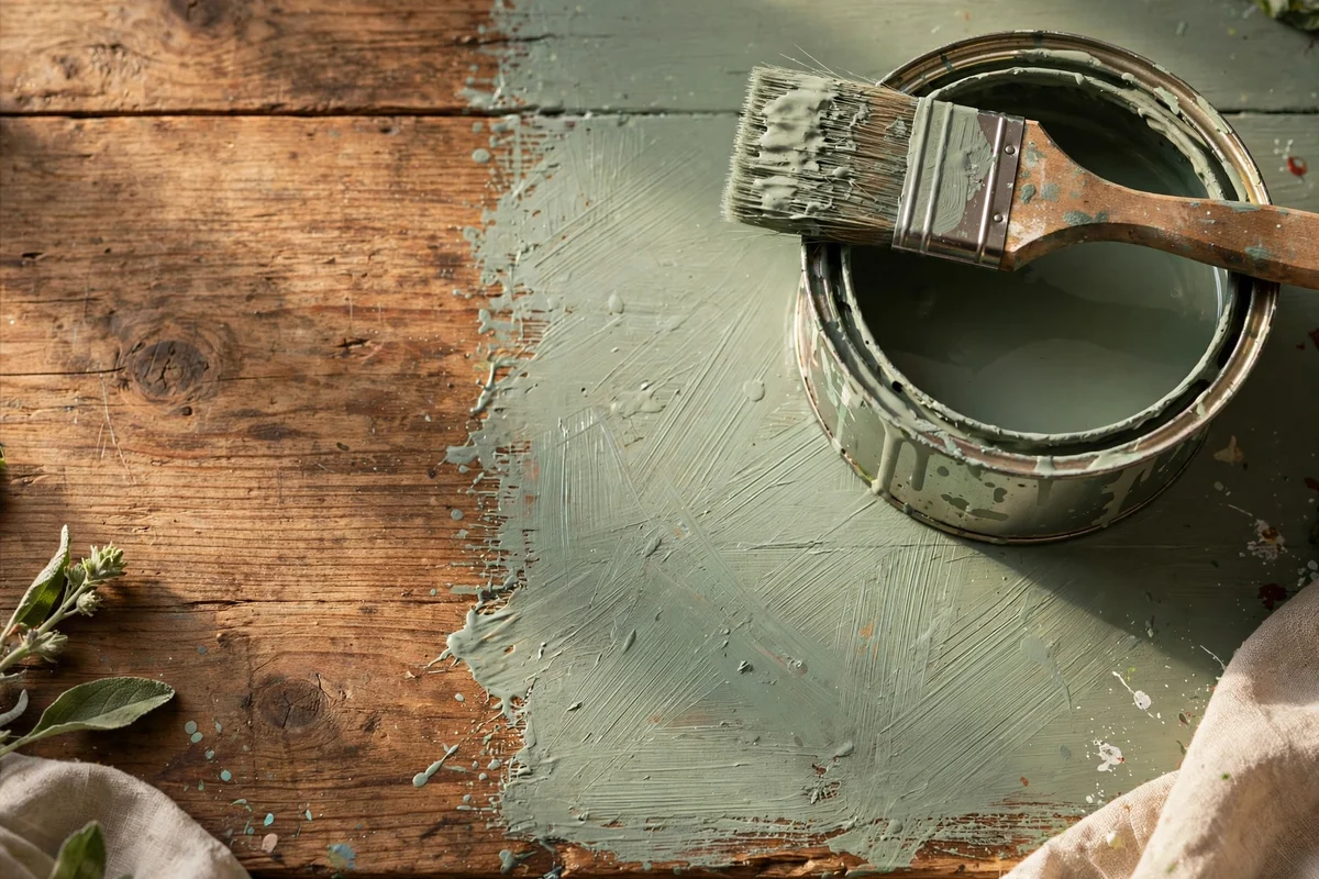 Crosshatch brushstrokes on a sage painted tabletop