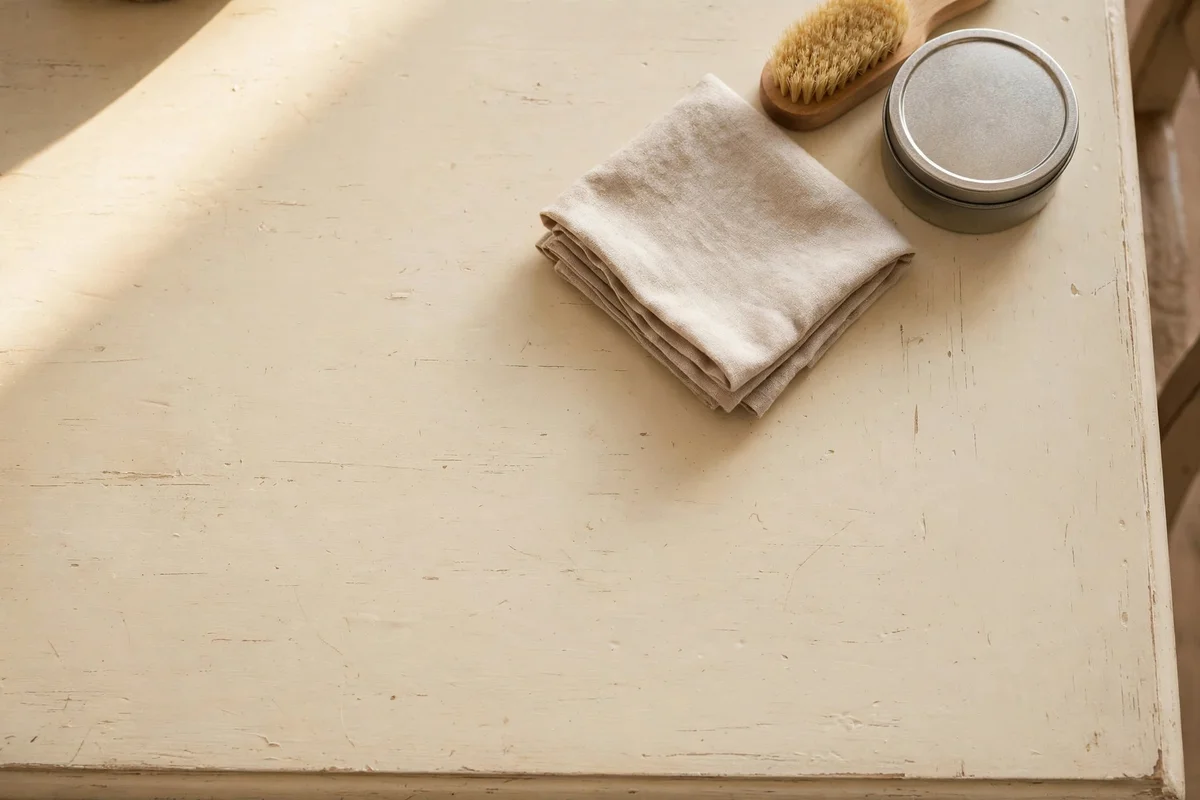 Clear wax tin and brush on a cream painted table top
