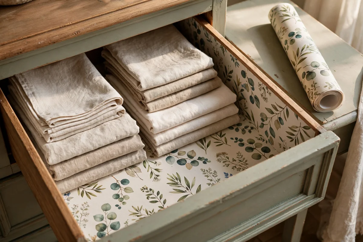 Painted dresser drawer lined with botanical paper