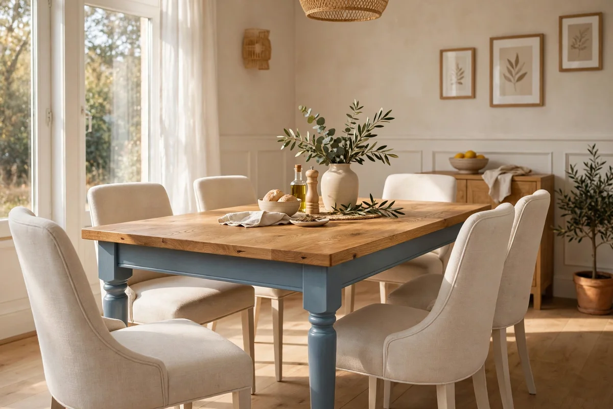 Dining table with dusty blue painted legs and oak top