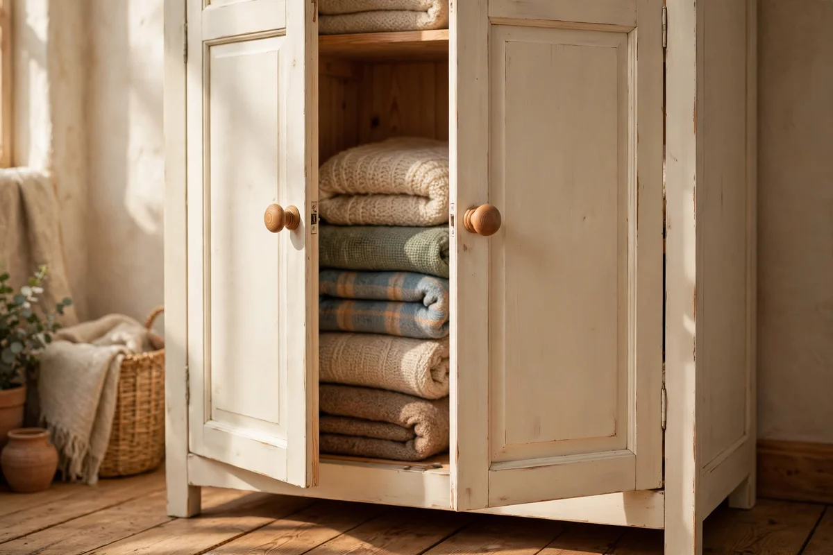 Cream chalk painted wardrobe with wooden knobs