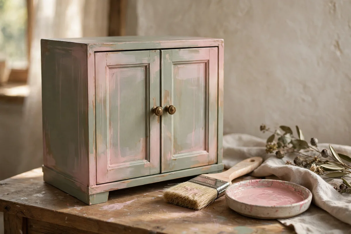 Blush wash layered over sage paint on a small cabinet