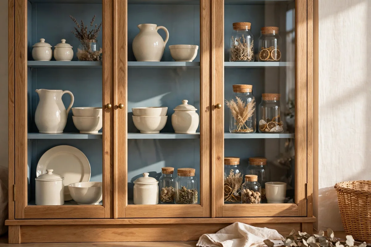 Glass cabinet with dusty blue painted back panel and ceramics