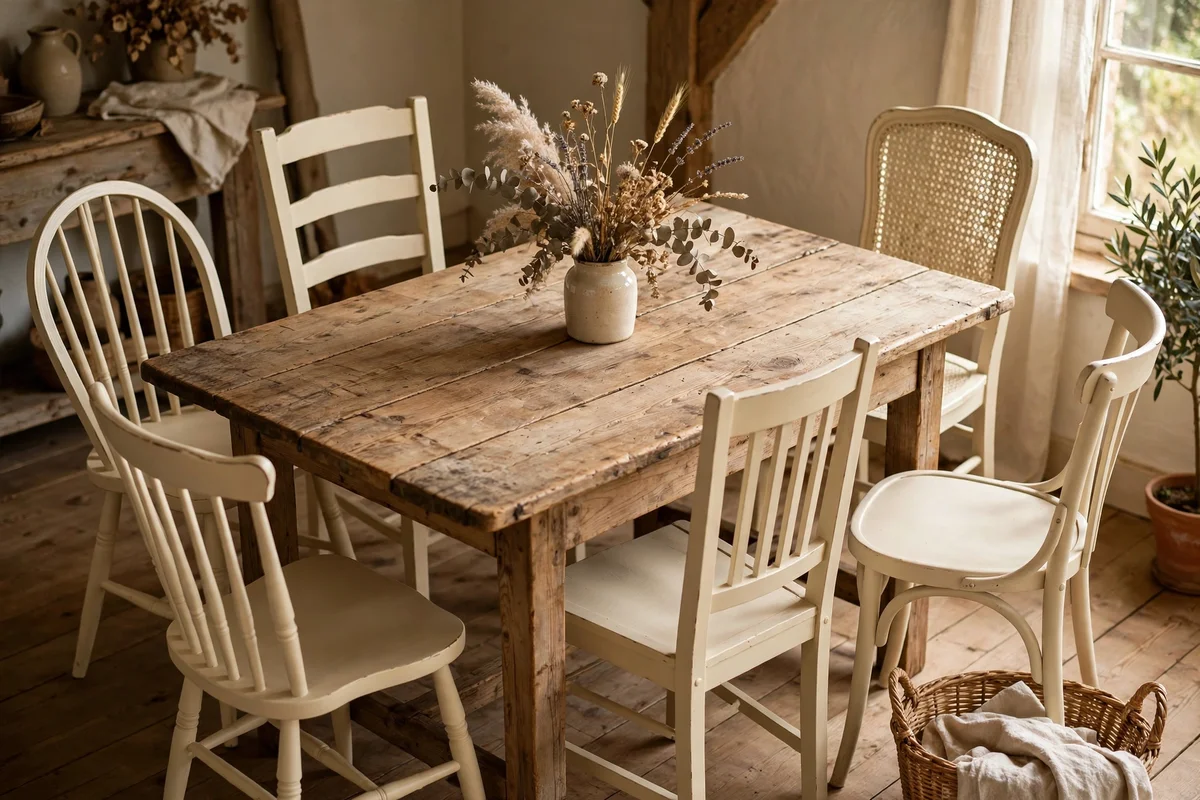 Mismatched chairs painted warm cream around a wooden table