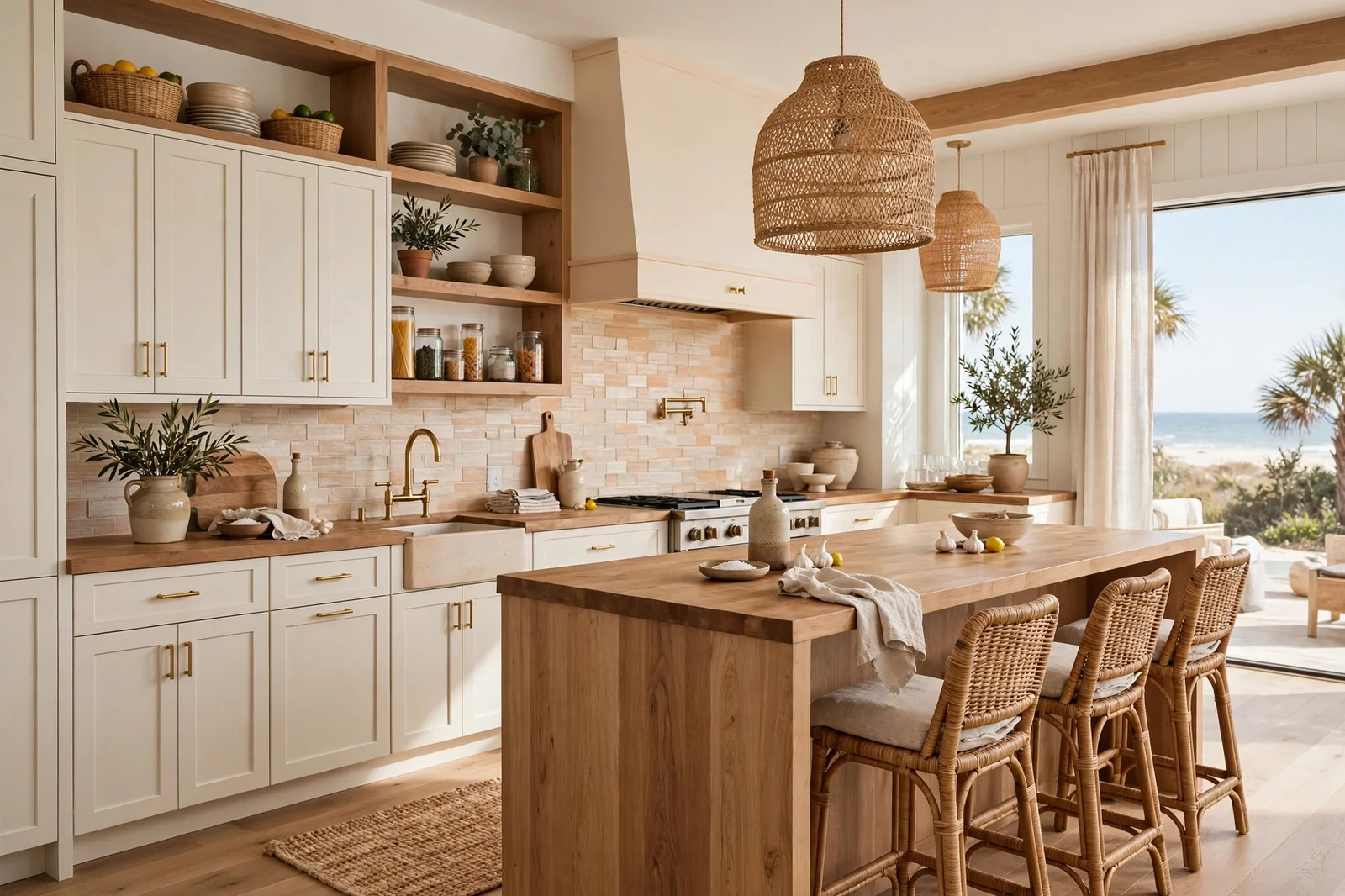 Chic beach house kitchen with warm white cabinets and natural wood