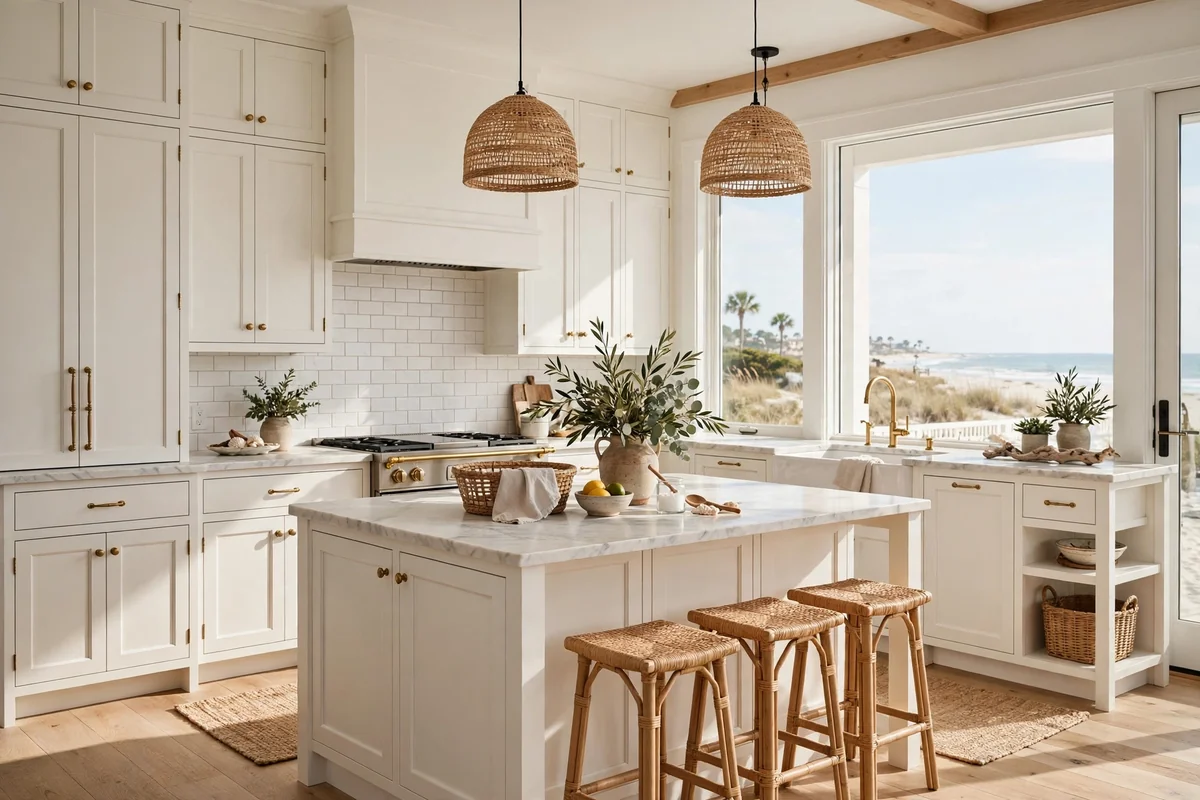 Warm white cabinets in beach house kitchen