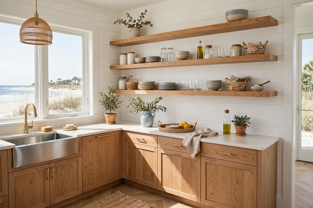 Natural wood accents in beach house kitchen
