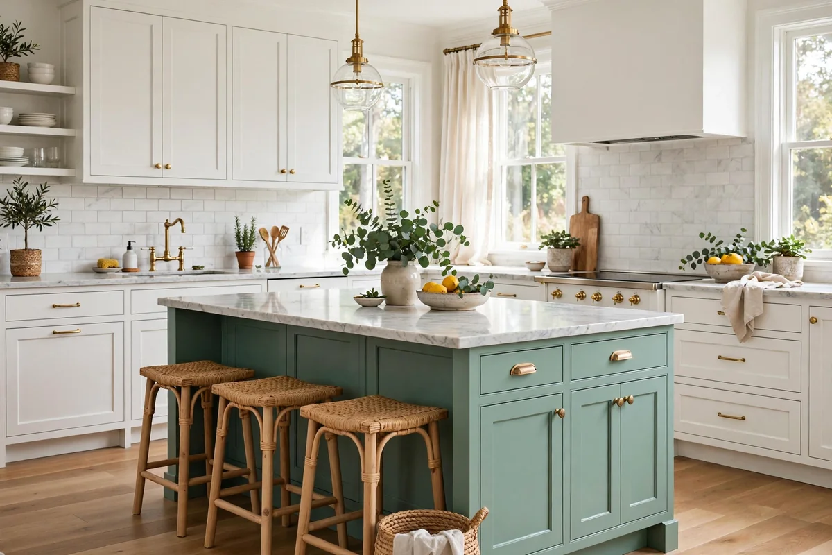 Sea glass colors in beach house kitchen