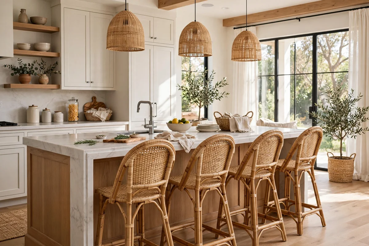 Rattan textures in beach house kitchen