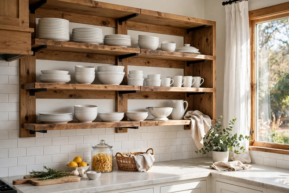 Open shelving in beach house kitchen