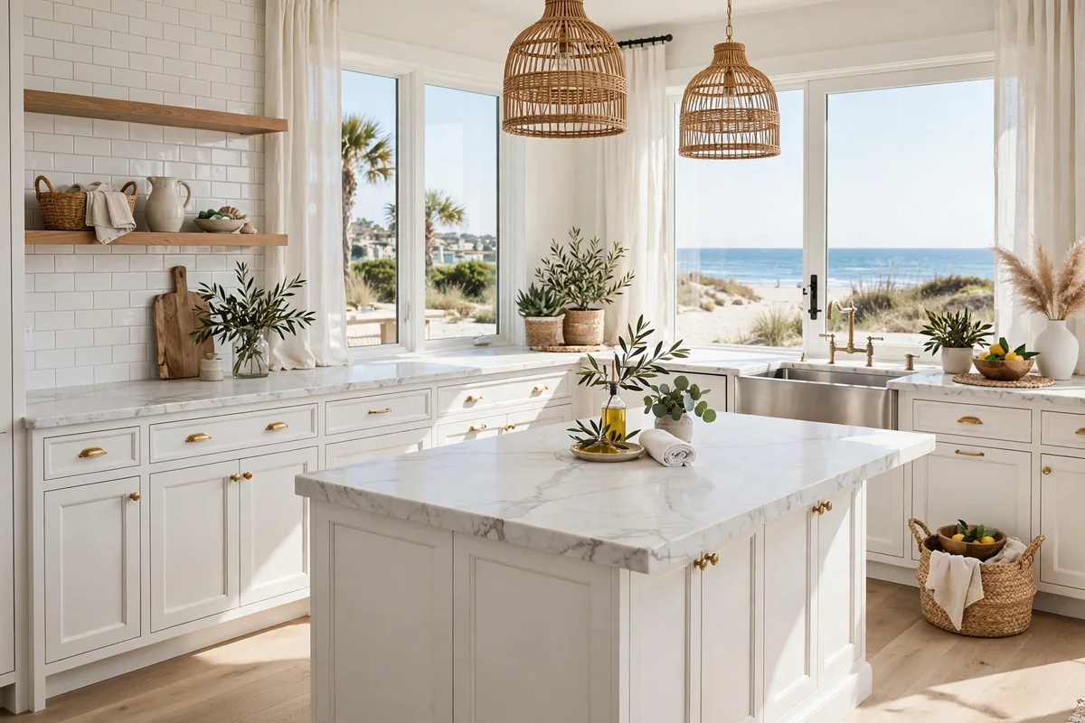 Marble counters in beach house kitchen