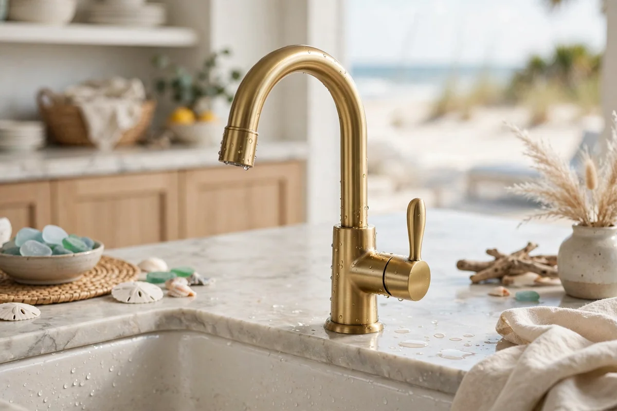 Brass fixtures in beach house kitchen
