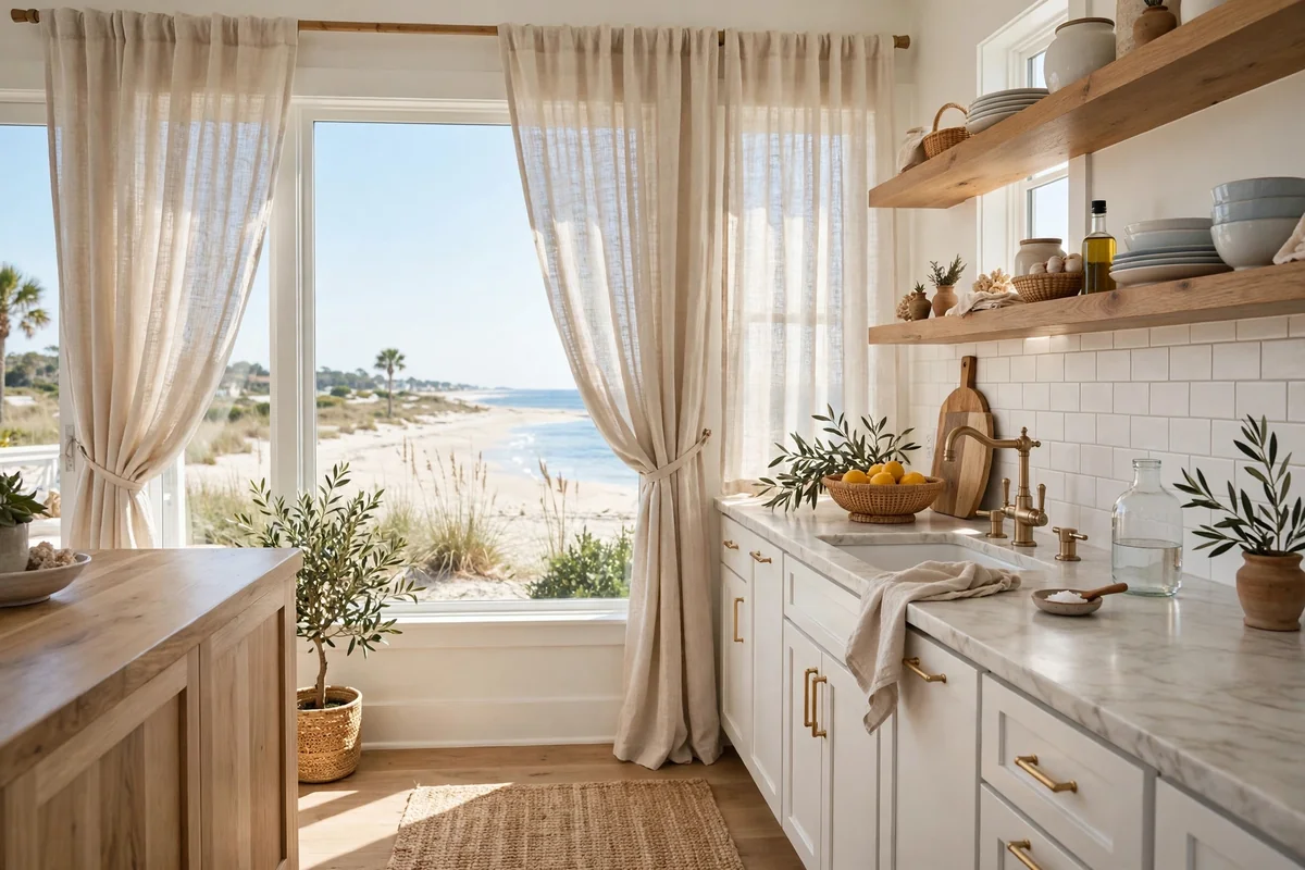 Linen textiles in beach house kitchen