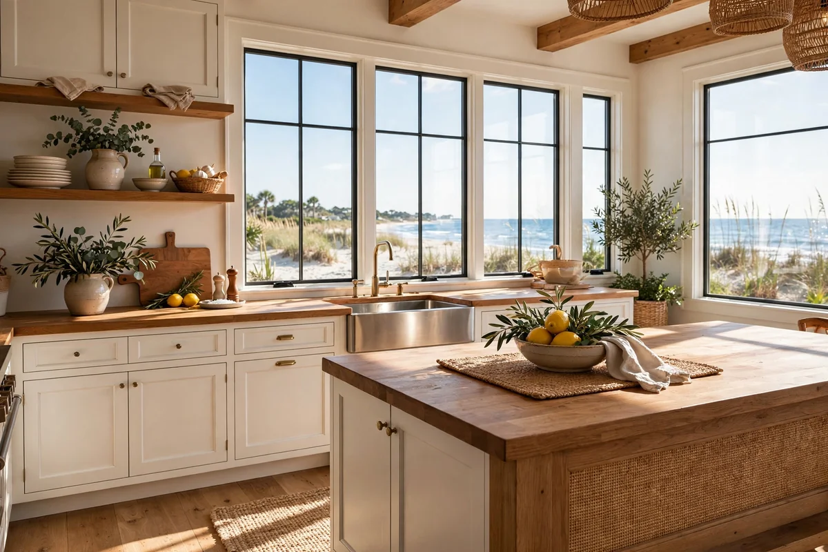 Big windows in beach house kitchen