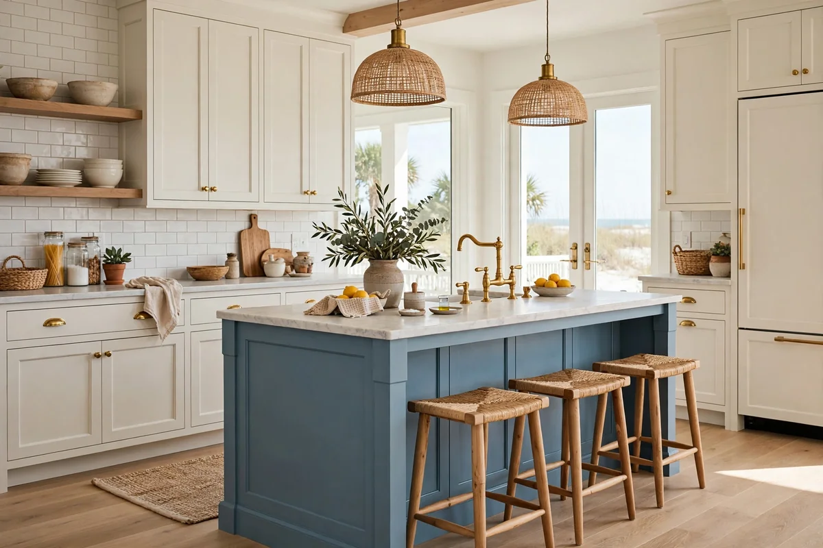 Soft blue accents in beach house kitchen