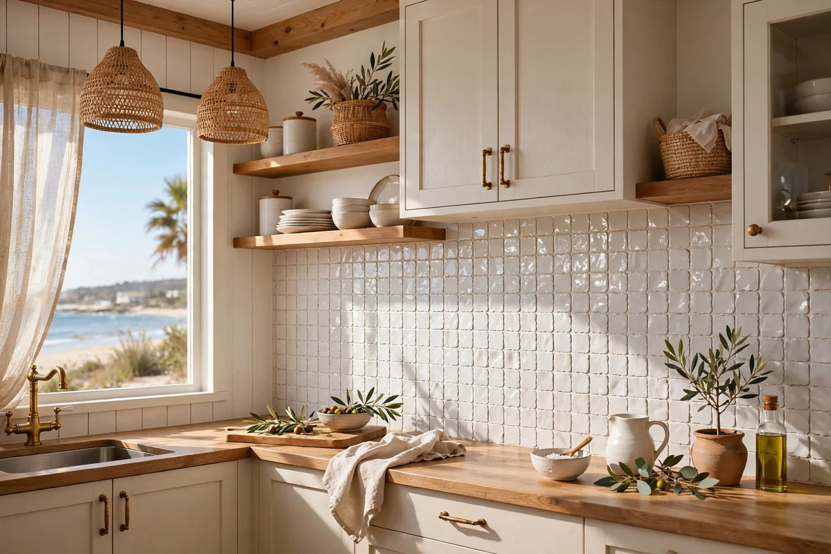 Textured backsplash in beach house kitchen