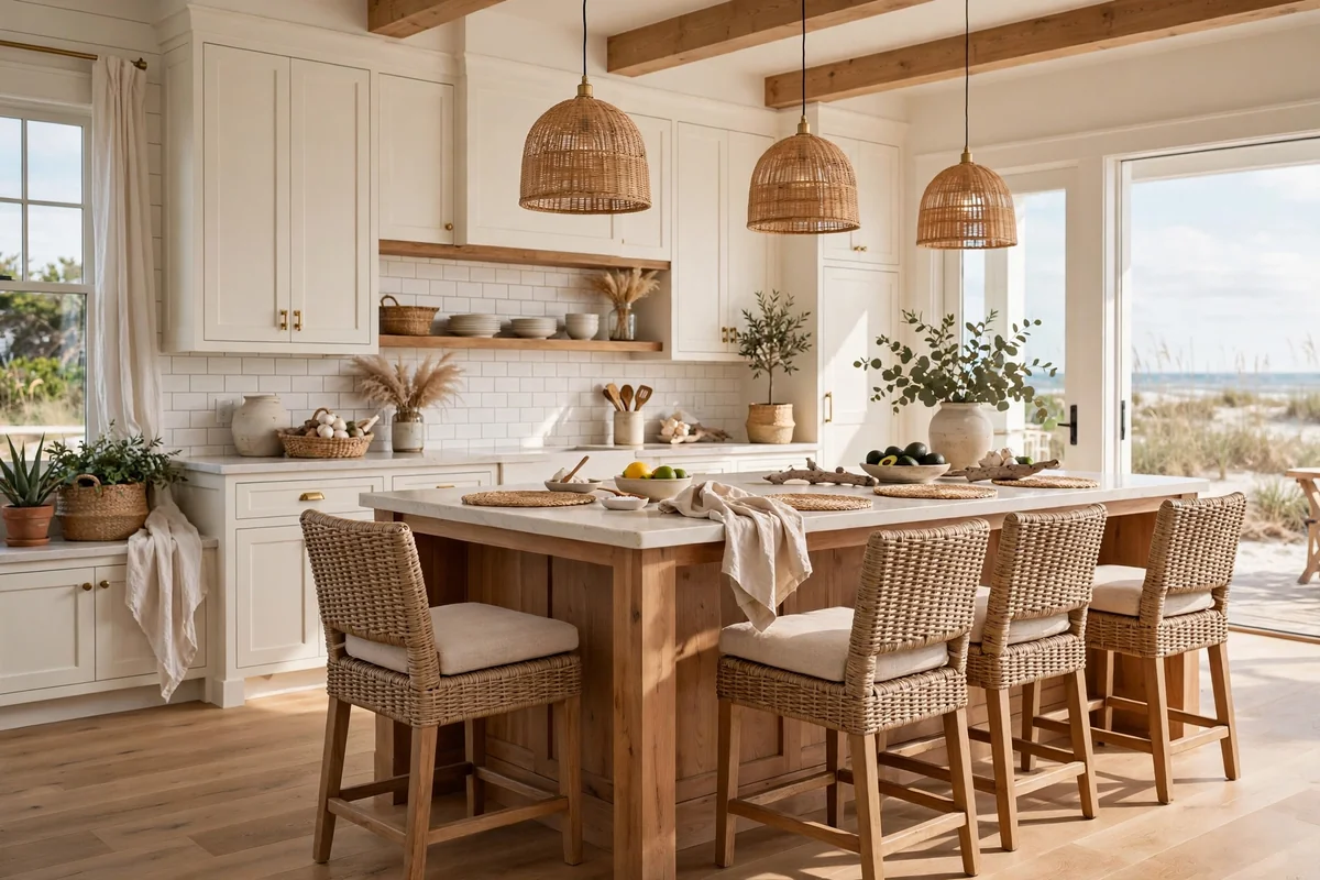 Island seating in beach house kitchen