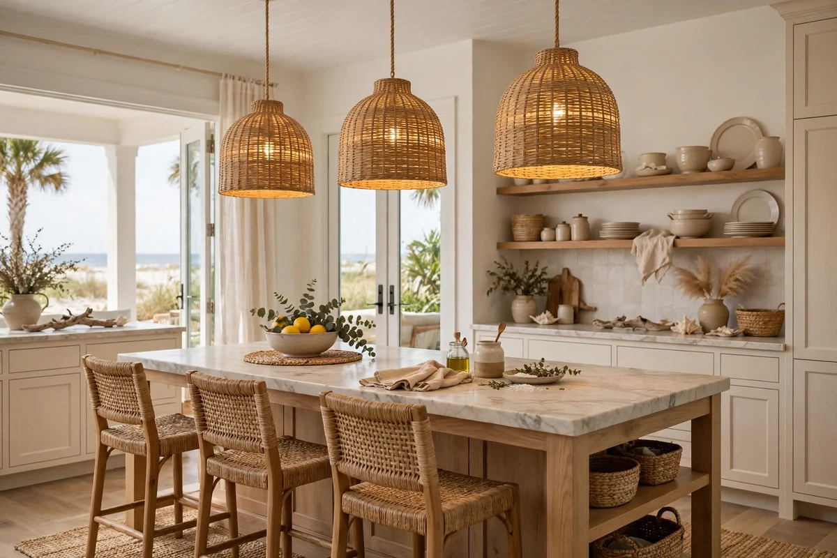 Woven pendant lights in beach house kitchen