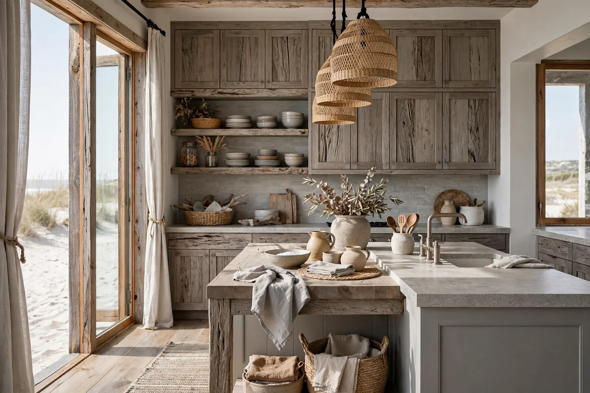 Soft layered neutrals in beach house kitchen